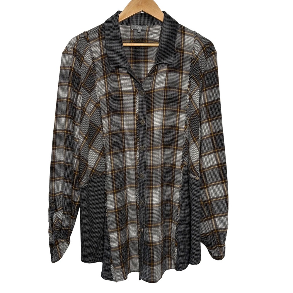Habitat Lagenlook Button Down Gray Plaid Mixed Print Houndstooth Long Sleeve XL